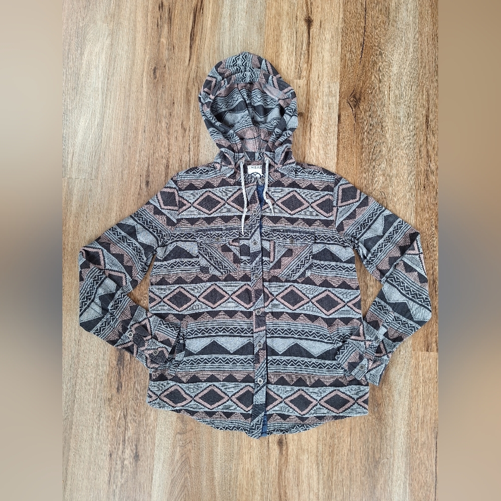 Womens 100% Cotton Aztec Southwest Print Sz Small Button Up Boho Western Hooded